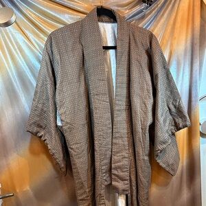 Brown Patterned Yukata cotton Kimono Robe white black lined. 302